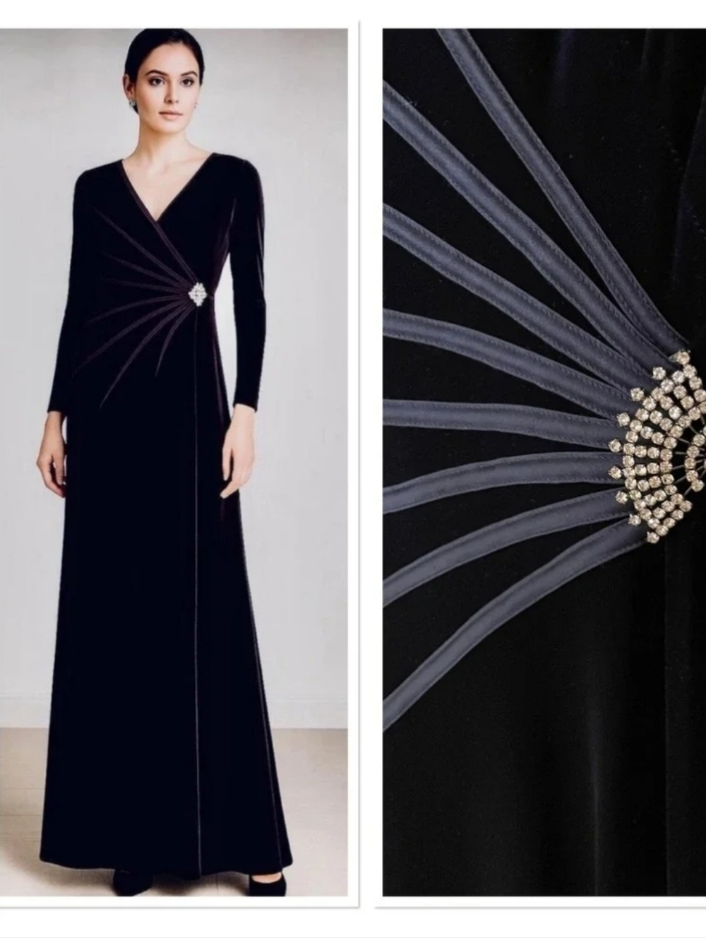 VTG Tadashi Black Velour Faux Wrap Rhinestone Maxi Dress Evening Formal Y2K Sz L
